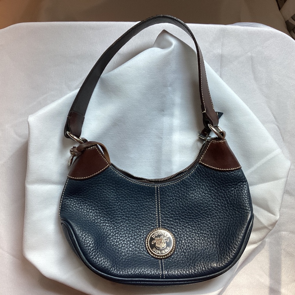 Dooney Burke Navy Pebble Leather Purse Bag Brown blue adjustable white stitching
